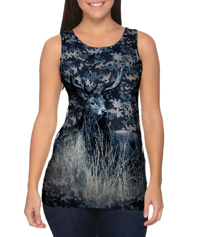 High - Neck Women's Silk Blend Tank Tops for a Luxurious FeelNavy Camouflage Deer