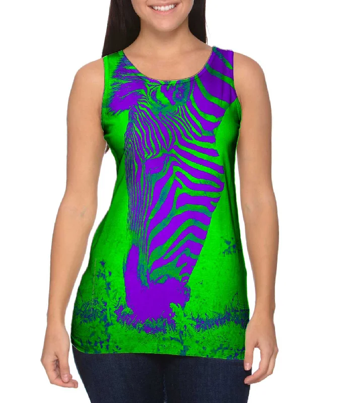 One - Shoulder Women's Rayon Blend Tank Tops for a Flowy LookNeon Purple Green Zebra