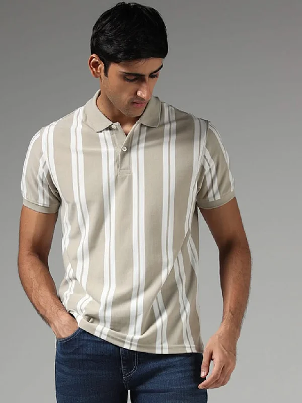 Jeanette Women Shorts with a Soft and Comfortable FeelWES Casuals Beige Striped Slim-Fit Polo T-Shirt