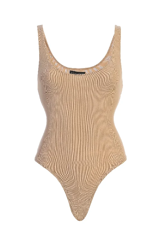 Ruffled Bodysuits with a Playful and Feminine TouchBeige Mesh Essentials Tank Bodysuit Undergarment