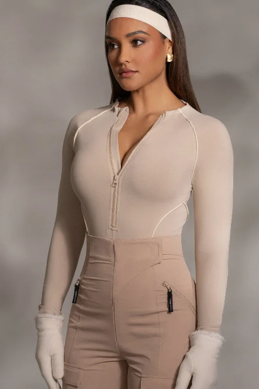 Compression Bodysuits for Post - Workout RecoveryBeige Rise Up Zip Front Bodysuit