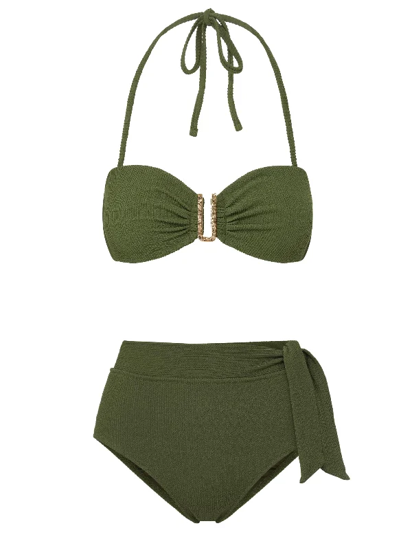 Sustainable bikini made from recycled materials for eco - conscious beachgoersCindy Top + Side Tie High Waist Bottom in Olive Texture