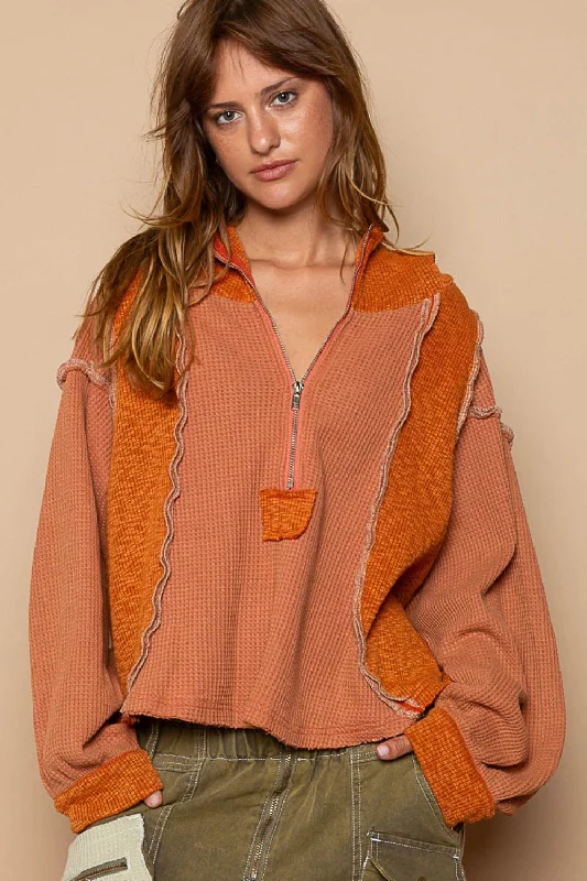 Neon Bodysuits to Stand Out at PartiesHalf Zip Exposed Seam Contrast Thermal Hoodie
