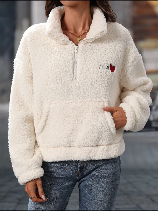High - Neck Bodysuits for a Modest and Sophisticated LookHeart Half Zip Long Sleeve Teddy Sweatshirt
