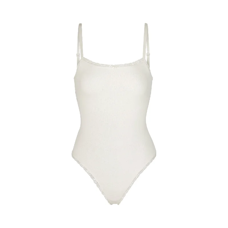 Crop Bodysuits to Pair with High - Waisted BottomsLACE POINTELLE CAMI BODYSUIT | BONE
