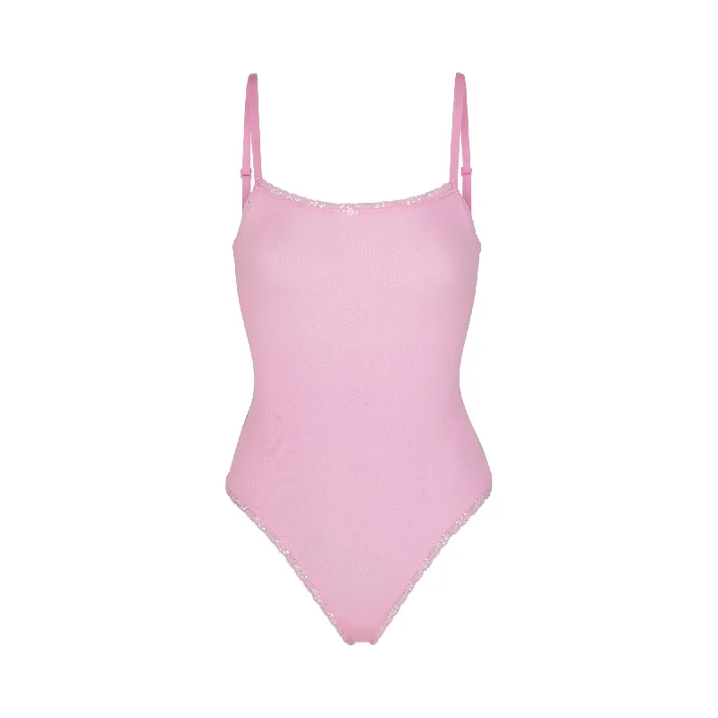 Crop Bodysuits to Pair with High - Waisted BottomsLACE POINTELLE CAMI BODYSUIT | BUBBLE GUM