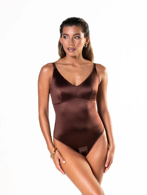 Crop Bodysuits to Pair with High - Waisted BottomsSatin Snatched Thong Bodysuit