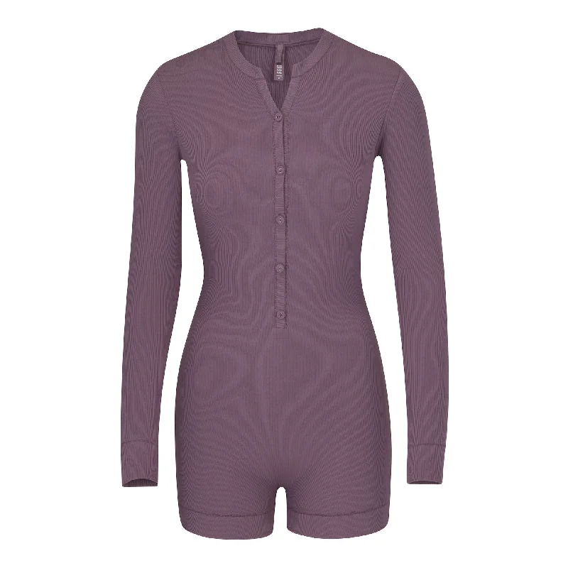 Maternity Bodysuits for Expecting Mothers' ComfortSOFT LOUNGE BUTTON UP HENLEY ONESIE | PLUM