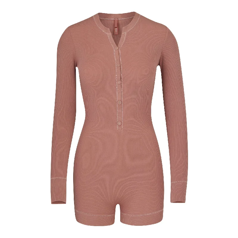 Mesh Bodysuits for a Bold and Edgy Fashion StatementSOFT LOUNGE BUTTON UP HENLEY ONESIE | ROSE CLAY