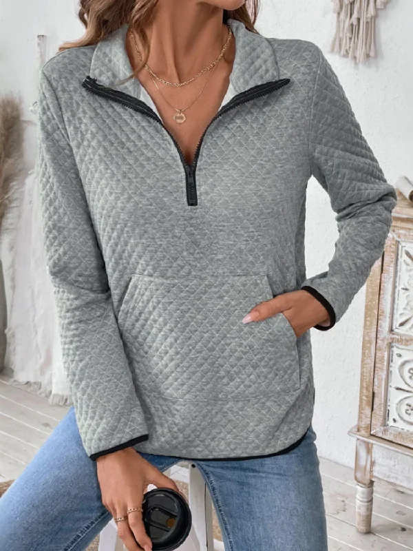 Crop Bodysuits to Pair with High - Waisted BottomsTexture Half Zip Long Sleeve Sweatshirt